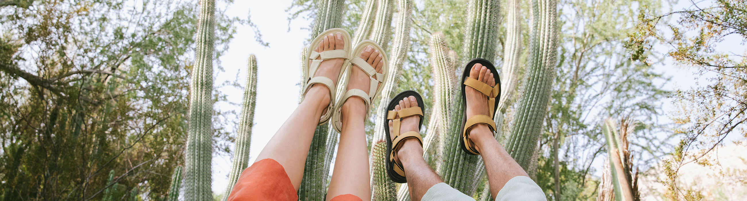 two people with sandals in the air in front of cactus