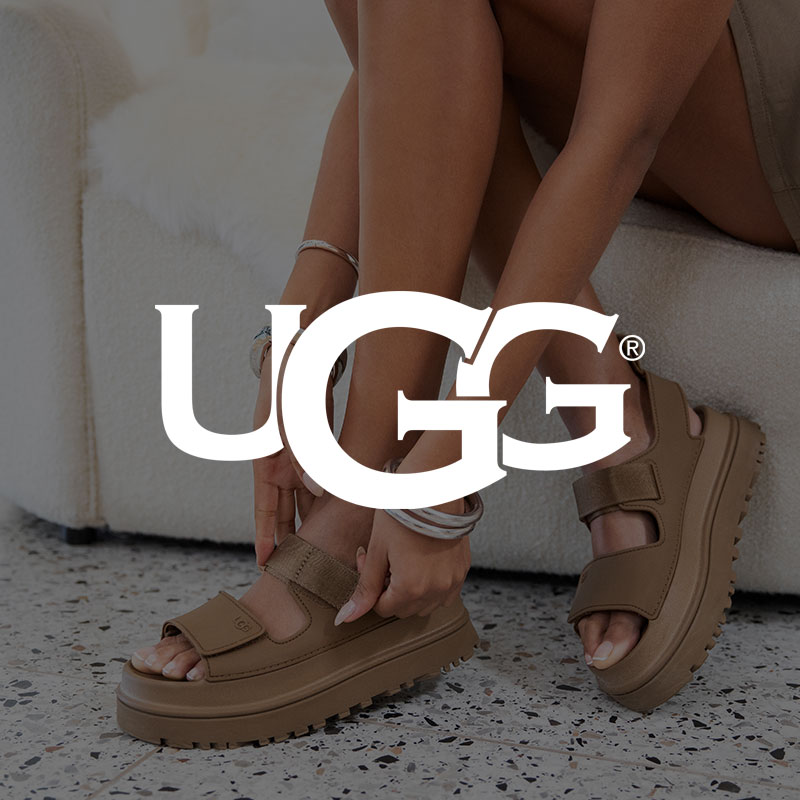 Ugg logo and a pair of sandals